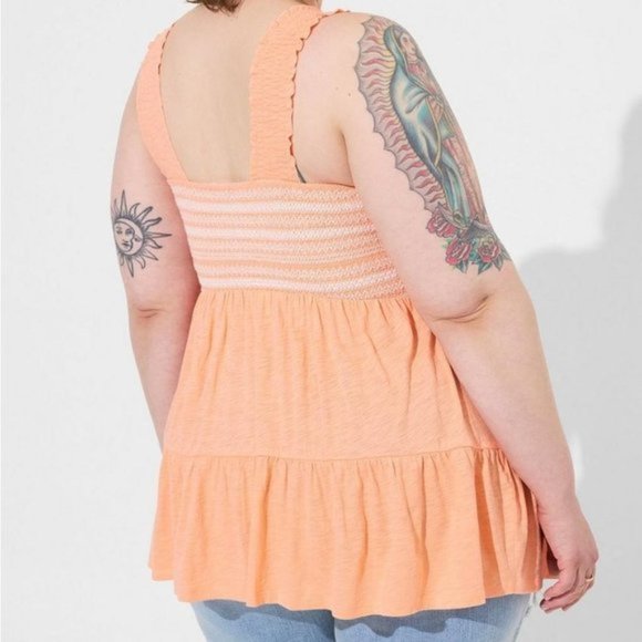 Torrid - Cotton Modal Slub Square Neck Smocked Babydoll Tank in Papaya P… - Picture 9 of 12